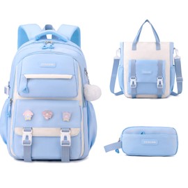 Girls Backpack for School,Kids Backpack with Pencil Case Set for Elementary Primary Middle High School Teen Bookbag (3PCS Blue)