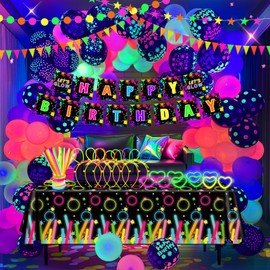 GYIPFIPA 260 Pcs Neon Balloons Arch Garland Kit, Glow in the Dark Neon Birthday Party Decorations, UV Neon Balloons Glow Party Banner Glow Party Supplies Neon Birthday Party Decor