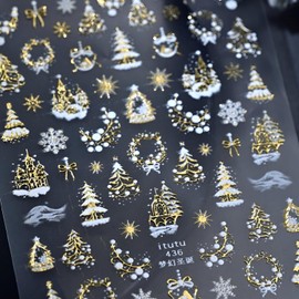 Christmas Nail Sticker for Nail Art Gold Nail Stickers 5D Self-Adhesive Holiday Snowflakes Nail Decals Xmas Tree Bow Nails Supplies Decoration Accessories for Women and Girls