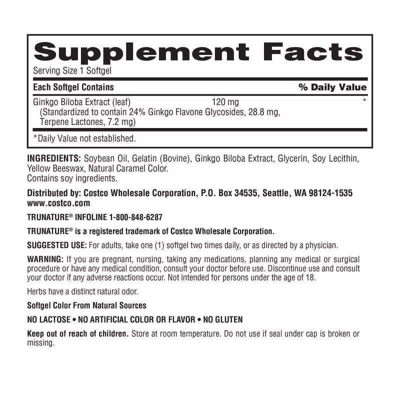 TruNature Ginkgo Biloba Herbal Extract Softgel - 340 Count Support