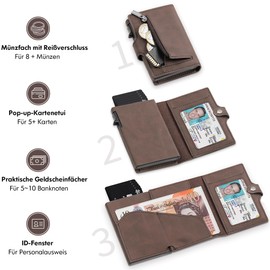 TENBST Slim Wallet with Coin Compartment, Men's RFID Protection, Faux Leather Wallet Men, Automatic Pop-Up Credit Card Case, Brown, Classic, brown, Minimalist