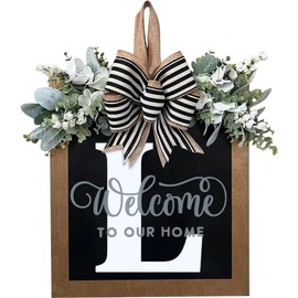 Last Name All Year Wreath Front Door Wreath,Front Porch Decoration 26 Letter Welcome Wreath, Eucalyptus and Bow Wreath for Spring, Summer, Autumn, Winter, Wall Window, Porch Farmhouse Decoration（L）