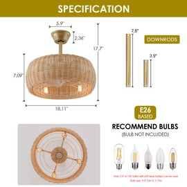 GDLT 18" Bamboo Rattan Caged Ceiling Fan with Lights and Remote,4-Light Gold Boho Chandelier Ceiling Fan with Light and Reversible Motor, Chandelier Ceiling Fan for Bedroom, Living Room