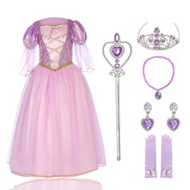 SPUNICOS Toddlers Girls Deluxe Rapunzel Princess Dress Up Costume with Accessories 5-6years