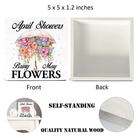 Spring Decor Sign Farmhouse April Showers Bring May Flowers Wood Sign Floral Spring Decorations Country Home Table Desk Decor (5 x 5 Inches)