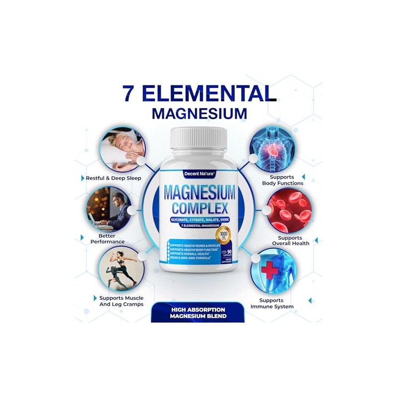 Decent Nature Complejo Magnesio Elemental Suplemento 1000mg Glicinato Citrato Malato