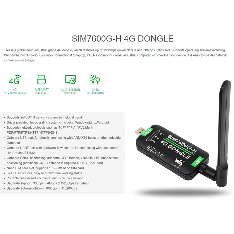 SIM7600G-H 4G DONGLE with Antenna, Industrial Grade 4G USB/UART, Communication
