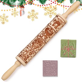 Star Embossing Rolling Pin with War,Christmas Theme Wooden Deep Engraved Baking Supplies for Cookie,Cute Kitchen Decor DIY Tool for Kids and Adults,Birthday Gifts for Women
