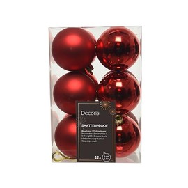 Decoris Box of 12 shatterproof baublesshiny/matt 6cm red, Acryl, Rot