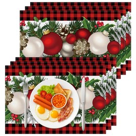 Bloss Christmas Placemats Set of 6,Red and Black Buffalo Check Plaid Christmas Table Place Mats,12x18 Inch Winter Xmas Holiday Kitchen Dining Tables Mats Set of 6 for Indoor Outdoor Home Party Decor