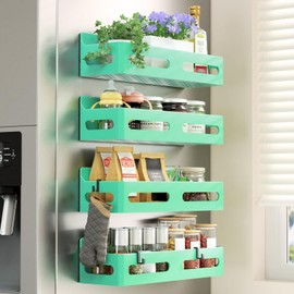 Sevenblue 4-Pack Magnetic Spice Rack for Refrigerator with Hooks, Green | Strong multipurpose magnetic shelf for kitchen & bathroom organization. Includes