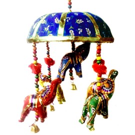 Rastogi Handicrafts Indian Traditional Elephant Blue Umbrella Hanging Layer of Five Elephant