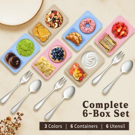 Zeefpod 6 Pack Silicone Snack Containers with Lids, Double Compartment Snackle box with 3 Spoons and 3 Forks, Reusable Silicone Snackle Containers for Kids, Travel, Lunch, Picnic