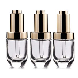 3Pcs 30ml/1oz Clear Thick Glass Press Dropper Bottles Essence Liquid Bottle Essential Oil Bottle Refillable Travel Container with Gold Cap for Essential Oil Fragrance Aromatherapy Cosmetic