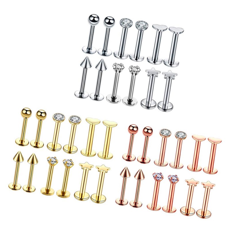 Prettyia 12Pcs 16G Crystal CZ Anillo De Labio Labret Roscado