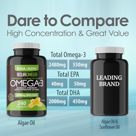 Ultimate Strength Plant Based Omega 3 Supplements, Vegetarian Omega3 Supplements, High DHA Supplement from Algae Oil, Vegan Omega 3 Supplement Made in Canada, 240 Softgels, Unflavored
