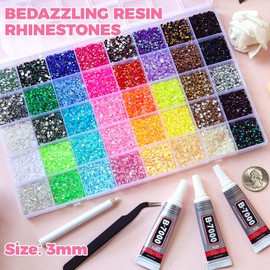 50000Pcs 40 Colors Jelly Rhinestones for Bedazzling, Multicolor 3mm Resin Flatback Gems for Diamond Art, Bedazzler Kit with 3Pcs B7000 Jewelry Glue for Bedazzled DIY Crafting Shoes Nail Book