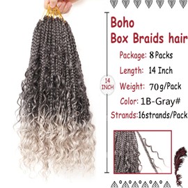 8 Packs Crochet Braids Hair Extensions Box Braids Extensions Hair Pre looped Crochet Hair Extension Goddess Box Braids Crochet Hair Extensions for Black Women (14 Inch (Pack of 8), #T-gray)