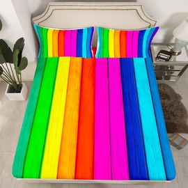 Feelyou Raibow Stripes Bed Sheets Set Colorful Stripes Sheet Set for Kids Boys Girls Multicolor Wooden Texture Sheets with Deep Pocket Fitted Sheet Geometric Bedding Set 3Pcs Twin Size