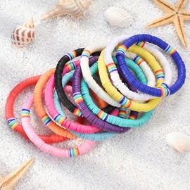 HYHONEY 12pcs Friendship Bracelets Beaded Bracelets Heishi Bracelet Cute Bracelets Stack Vinyl Clay Disc Bead Surfer Stretch Summer Beach Bracelets For Women Preppy Bracelets