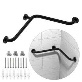 Angled Shower Grab Bar, Munzong 16 Inch Anti Slip Black Bathroom Grab Bar, Knurled Balance Bar, Inside Corner Grab Bar,L-Shaped Safety Hand Rail Support Handicap Elderly Senior Assist Bath Handle