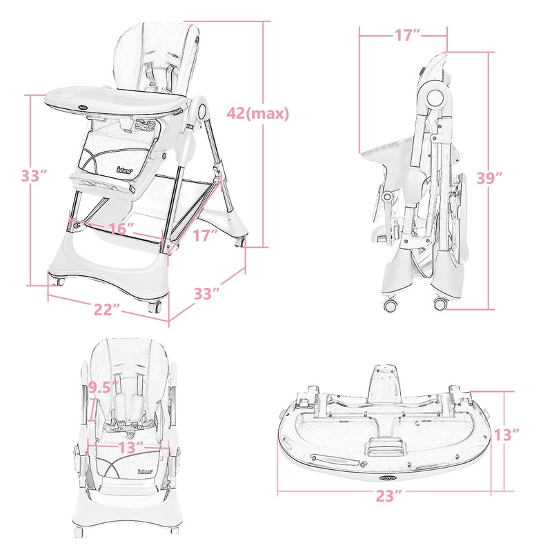 INFANS High Chair with One-Hand Removable Tray, 4 Lockable Wheels