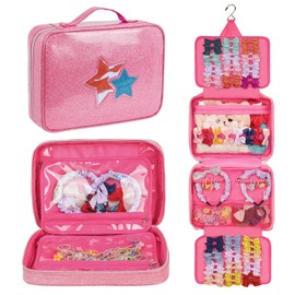 Jaffzora Organizador de accesorios para el cabello para niñas, soporte colgante para lazos, bolsa de almacenamiento para pinzas para el cabello, diademas, coleteros y corbatas para el cabello (rosa)