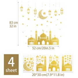 4 Sheets Gold Glitter Eid Mubarak Window Stickers Ramadan Kareem Window Clings for Glass Window Decorations