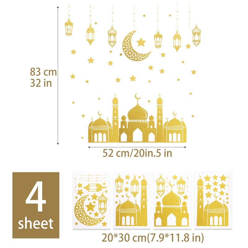 4 Sheets Gold Glitter Eid Mubarak Window Stickers Ramadan Kareem