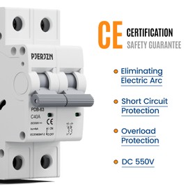 Pjerjzn 40Amps Solar Circuit Breaker 2P 550VDC Miniature Circuit Breaker Solar DIN Rail Mount Thermal Magnetic Trip Solar PV Isolator Solar Panel for Photovoltaic Systems