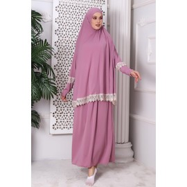 ihvan online Muslim Dresses for Women, Two-Piece Long Sleeve Islamic Prayer Dress, Hijab for Women, Pink Patterned, One size