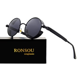 RONSOU Steampunk Style Round Vintage Polarized Sunglasses Retro Eyewear UV400 Protection Matel Frame black frame/gray lens
