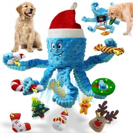 XIHULGJIN Squeaky Dog Toys, Christmas Octopus Dog Toy with 10 Pcs Small Dog Toy, Interactive Tug of War Dog Plush Toy, Crinkle Dog Toy Plush Dog Toys (Blue)
