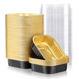 Beasea Aluminum Foil Ramekin Cups With Lids, 100 Pack 8.5oz 250ml 4 Inch Mini Disposable Square Foil Ramekins Aluminum Oven Baking Brownie Cupcake Cup Tins for Party - Black Gold