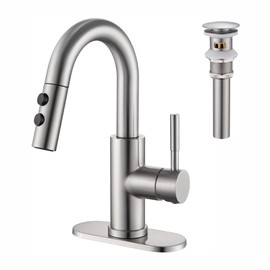 Kablle Bathroom Sink Faucet with Pull Down Sprayer, Brushed Nickel Single Handle Pull Out Faucet with Pop-Up Drain, 4 inch Widespread Laundry Bar Basin Faucet for 1 or 3 Hole, KBL-7002BN-CL