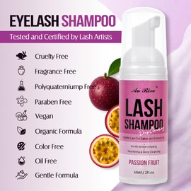 Lash Shampoo for Lash Extensions 60 Ml/2fl.oz Eyelash Extension Cleanser Oil Free Lash Cleanser for Eyelash Care, Gentle Foaming Eyelash Shampoo with Brush for Salon Home Care (Passion fruit 60ml)