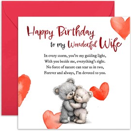 Wife Birthday Card - Female Birthday Greeting Cards for Her - Cute Teddy Bear Love Heart Art - Heartfelt Sentimental Poem to Wife - Romantice Birthday Cards for Her - Quality Card Designs