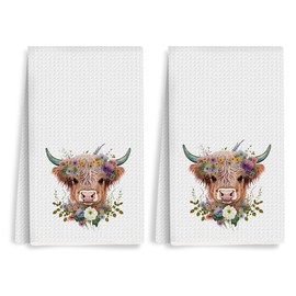 XFN 2Pcs Vintage Watercolor Highland Cow Kitchen Towels 24x14 Inch, Rustic Cow Wildflower Wreath Waffle Hand Towels for Kitchen Home Farmhouse, Absorbent Microfiber Dish Cloth Tea Towel