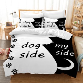 UGZDEA Dog Side and My Side Duvet Cover Set 135 x 200 cm, Bed Linen 3-Piece Set Black White Soft Microfibre Quilted Board Set for Adults Bedroom Decoration (A, Single (135 x 200 cm))