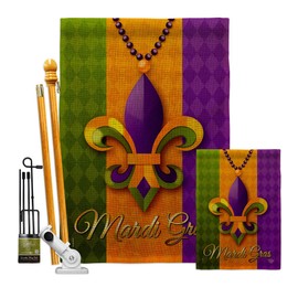 Mardi Gras Beeds Burlap Garden House Flags Kit Springtime Carnival Festival Masquerade Celebration Season Holiday French Small Decorative Gift Yard Banner Double-Sided Made In USA 28 X 40