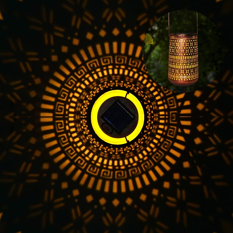 Solar Lantern Outdoor Hanging Lights, Moroccan Metal Hollow-Out Solar Lantern