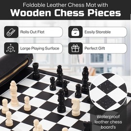 ThreeMoves Roll Up Chess Set - 11" Foldable Leather Chess Mat with Wooden Chess Pieces - Portable Travel Chess Set with Straps - Perfect Chess Game for Airplane, Camping, and More (Black)