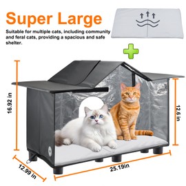 Texsens Outdoor Cat House - Weatherproof Large Cat Shelter for Outside with Roof Window- Insulated Elevated House for Stray/Barn Cats with Cozy Cushion - Ideal Waterproof Feral Cat House