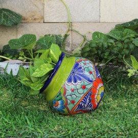 Evergreen Garden Talavera Mexican Pottery Ceramic 13 in.White and Green Tilted Chata | Flower Pot Plant Succulent | Indoor Outdoor