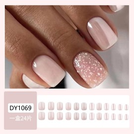 Pink Press on Nails Short Square Fake Nails Pearl White False Nails Press ons with Glitter Designs Acrylic Nails Glossy Full Cover Glue on Nails Artificial Stick on Nails for Women Decorations 24Pcs