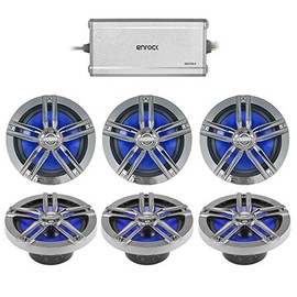 3 x Enrock Marine 180-Watts High-Performance 6.5" Water-Resistant Loudspeakers (Charcoal) (3 Pairs), Enrock Marine 4-Channel Marine/Powersports Amplifier