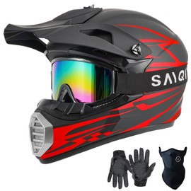 SanQing Youth Kids Motocross Helmet, Full Face Motorcycle Helmet for Dirt Bike ATV Four Wheeler MX Offroad Street Helmet with Gloves,Goggles,Face Shield DOT Approved (Red, Medium)