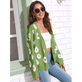 Women's Floral Print Cardigan Long Sleeve Open Front Button Down V Neck Knitted Sweaters