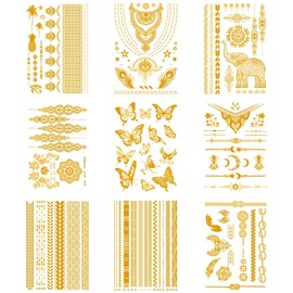 9 Blatt Gold Flash Tattoos Erwachsene Gold Temporäre Tattoo Festival Tattoos zum Aufkleben Tatoo Temporäre Damen Gesichtstattoo Karneval Glitzer Accessoires für Party