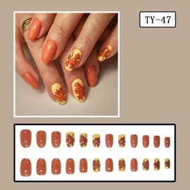 Fall Press on Nails Short Square Orange Fake Nails with Maple Leaves Design Thanksgiving False Nails Autumn Winter Artificial Acrylic Nail Glitter Press ons Reusable Glue on Nail for Women 24 Pcs